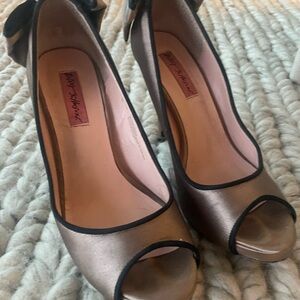 Betsey Johnson Charmie Women's Peep Toe Heels - satin Bronze/Tan and Black